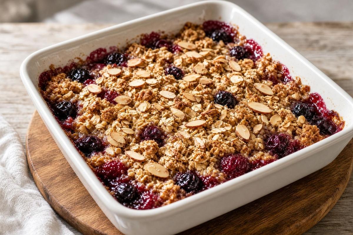 Baking dish of almond berry breakfast bake with a golden oat top