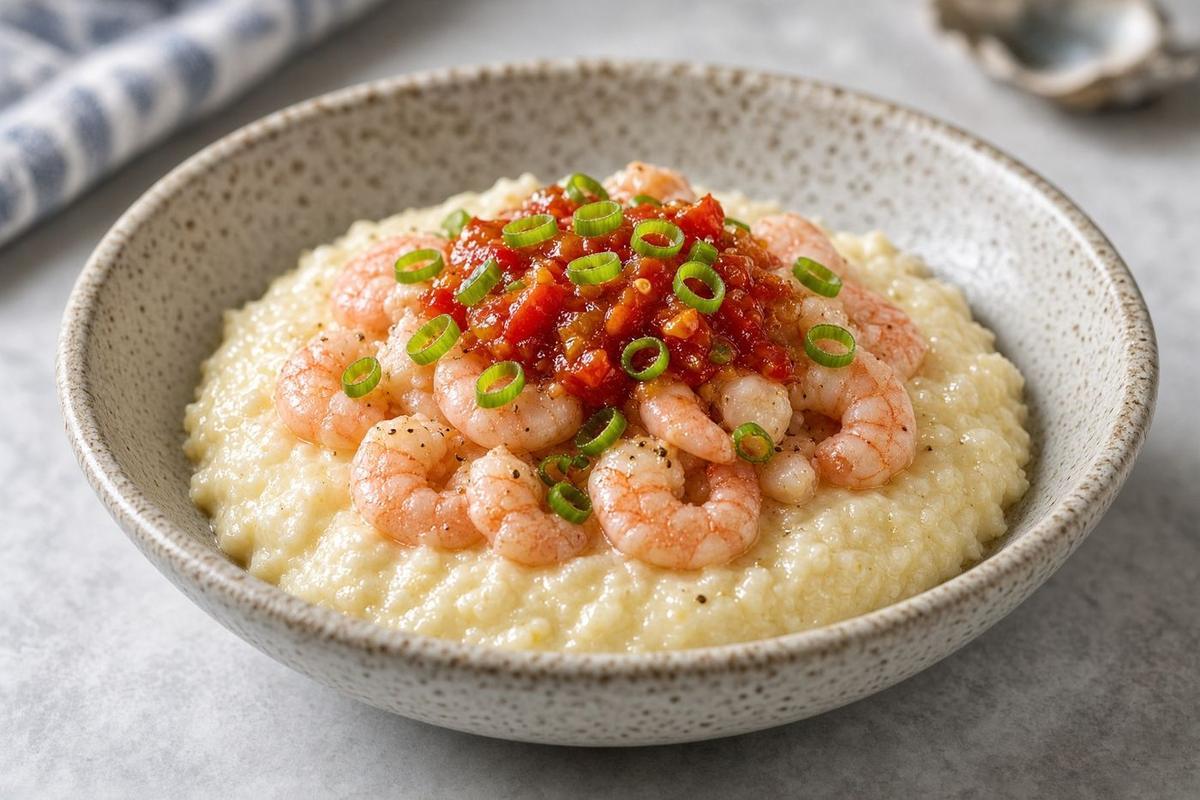 Creamy grits topped with pink shrimp, red pepper relish, and scallions