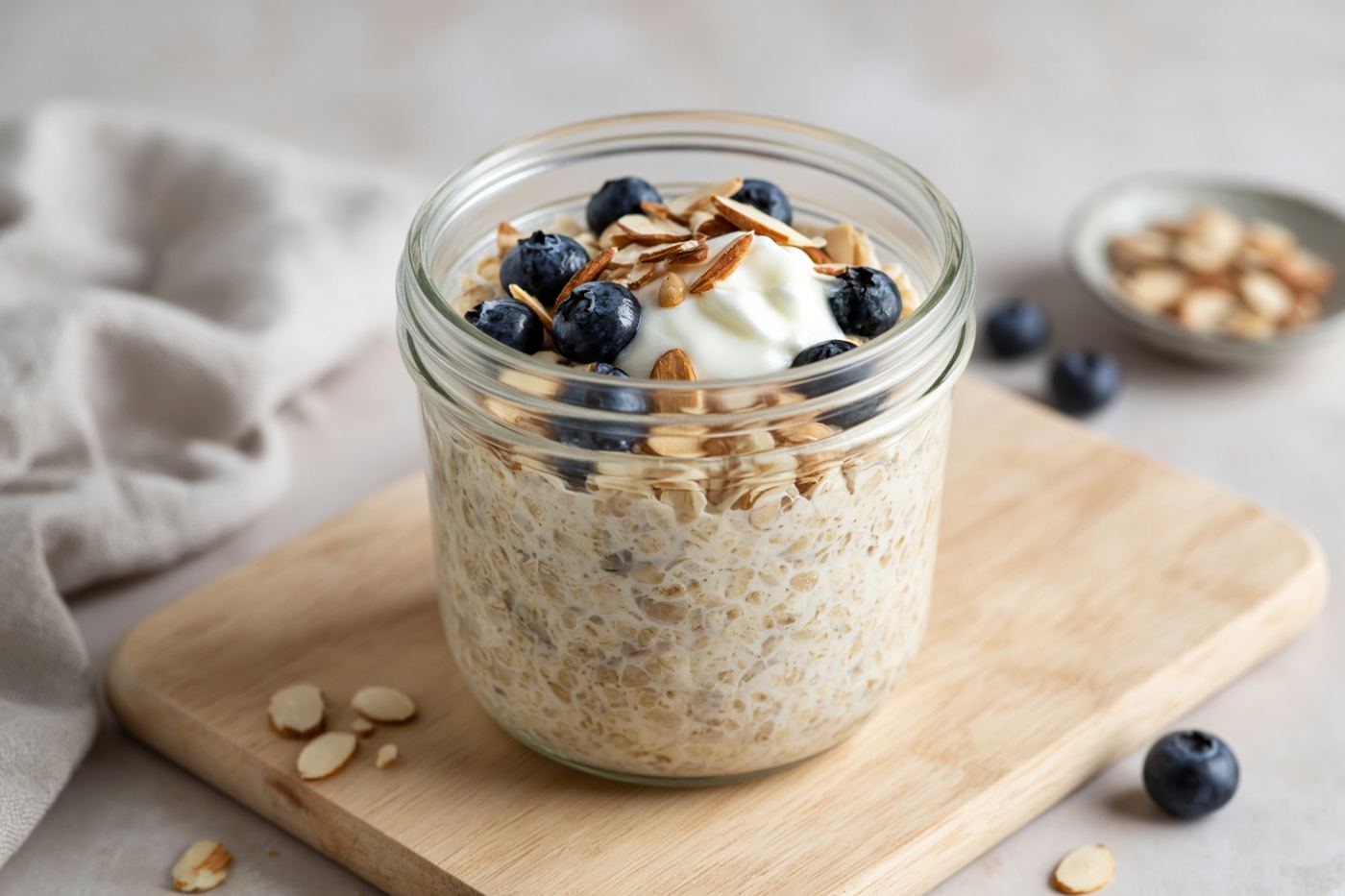 A glass jar of overnight oats topped with blueberries and toasted almonds.