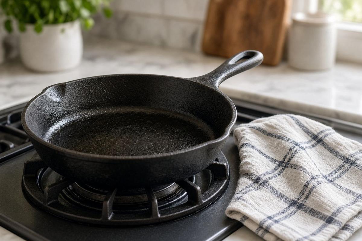 Seasoned black cast-iron skillet on a gas burner beside a folded towel