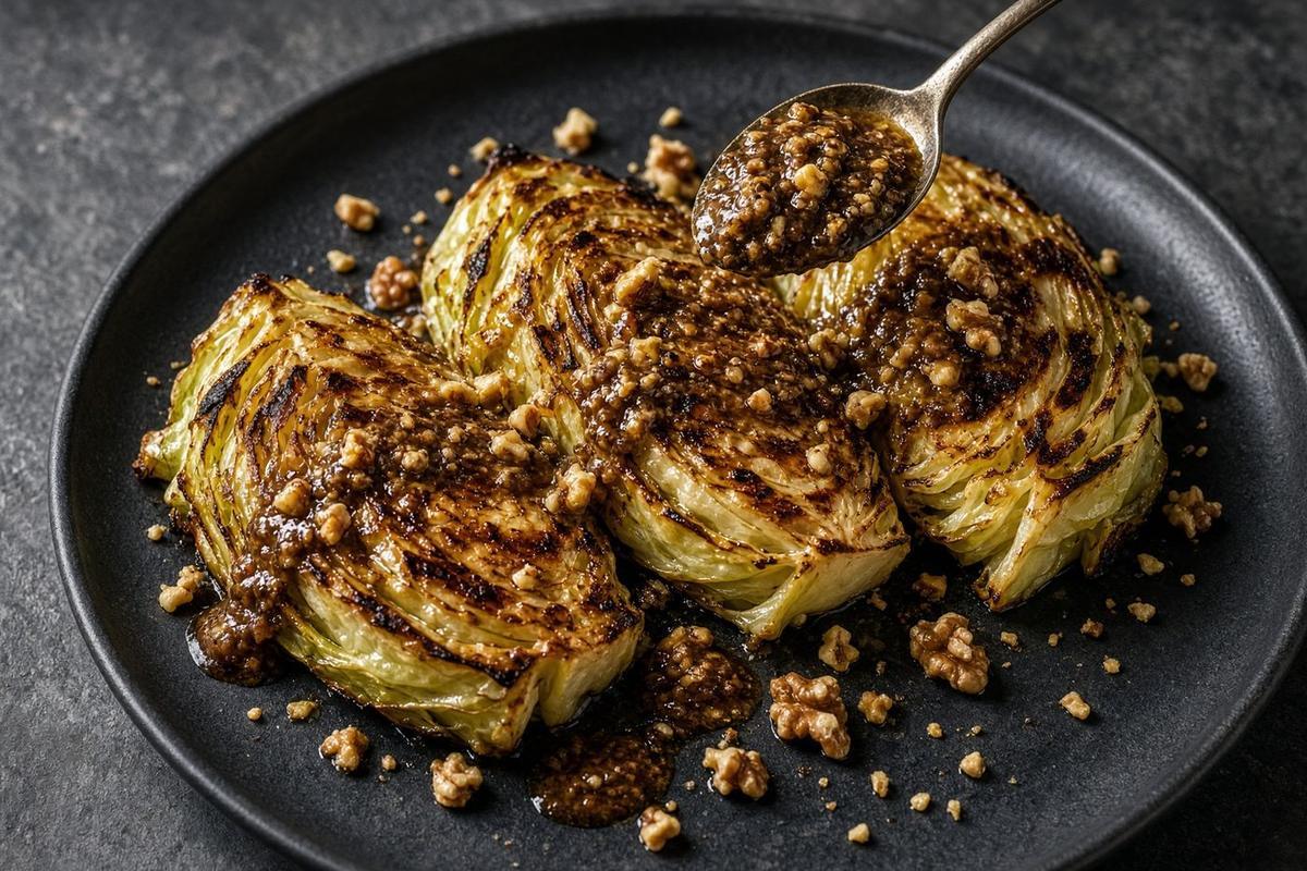 Charred cabbage steaks topped with melting walnut butter and toasted walnuts
