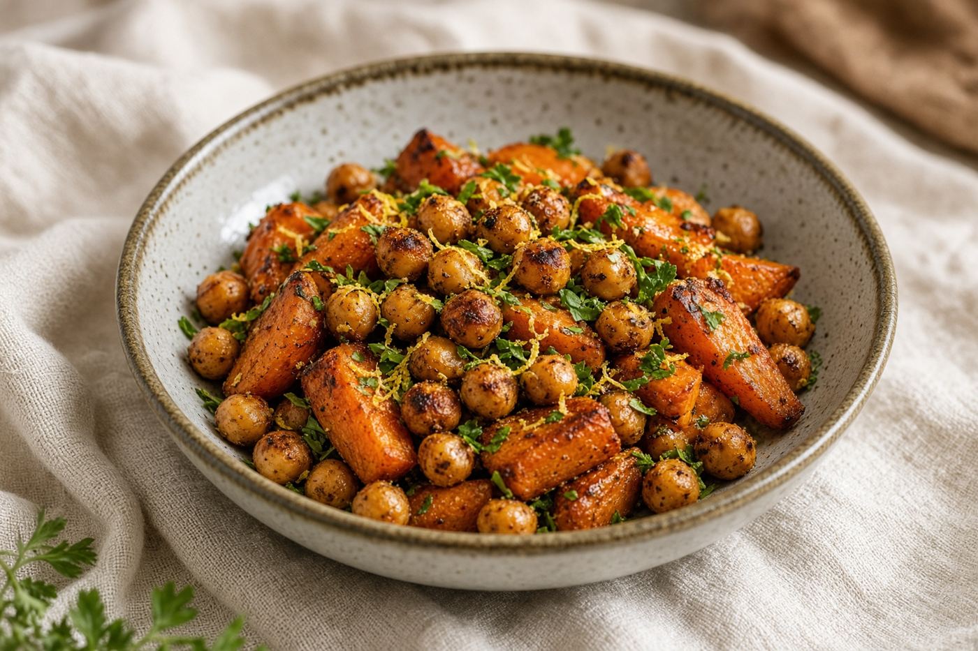 A ceramic bowl of roasted chickpeas, carrots, and herbs with lemon.