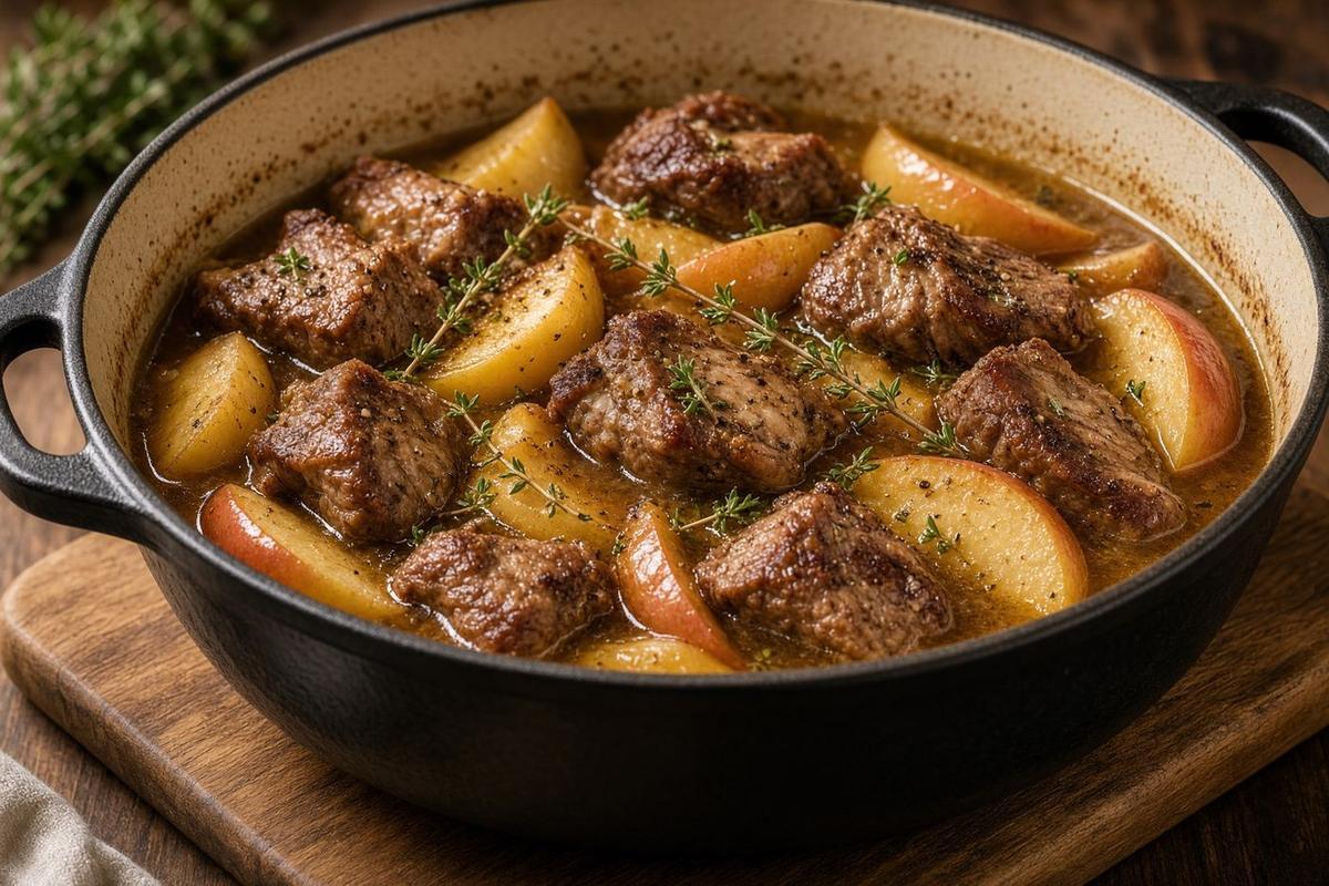 Dutch oven of cider-braised pork shoulder with apple wedges and thyme