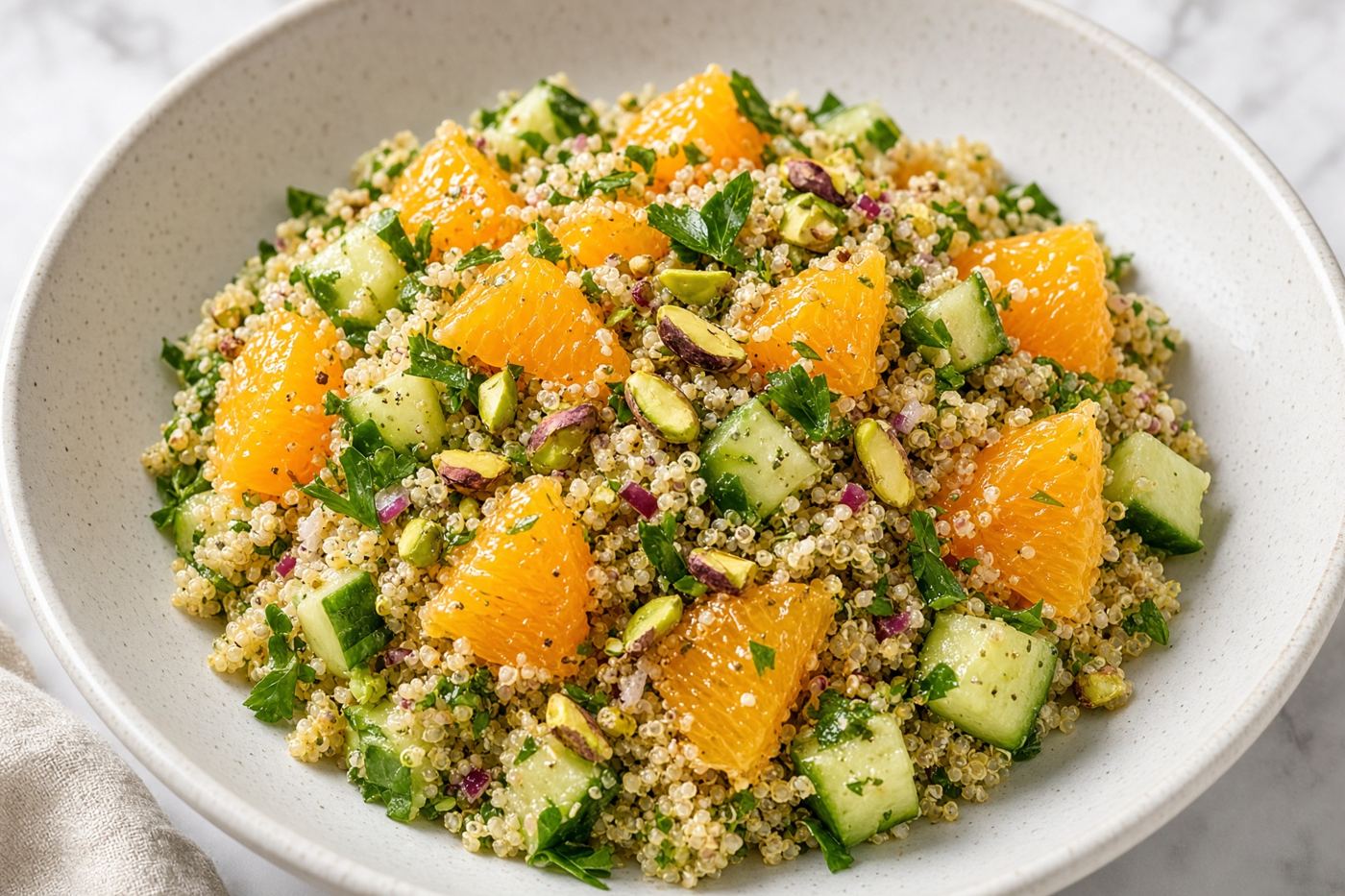 A wide bowl of quinoa salad with orange segments, herbs, and cucumber.