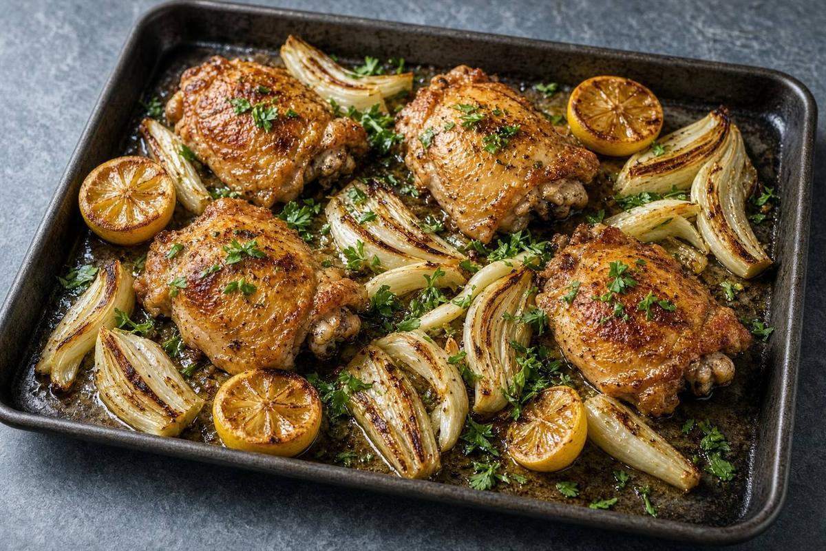 Roasted chicken thighs with fennel wedges and lemon halves on a dark sheet pan