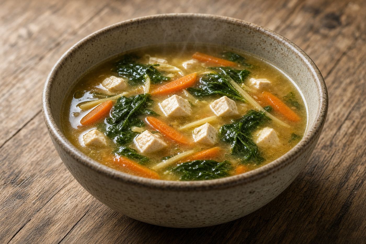 A stoneware bowl of ginger miso vegetable soup with carrots and greens.