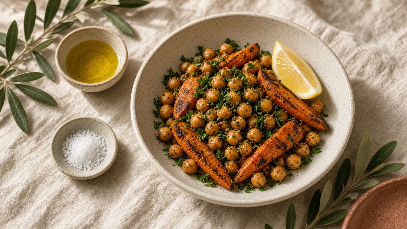 Roasted chickpeas, carrots, lemon, and herbs on a linen table.