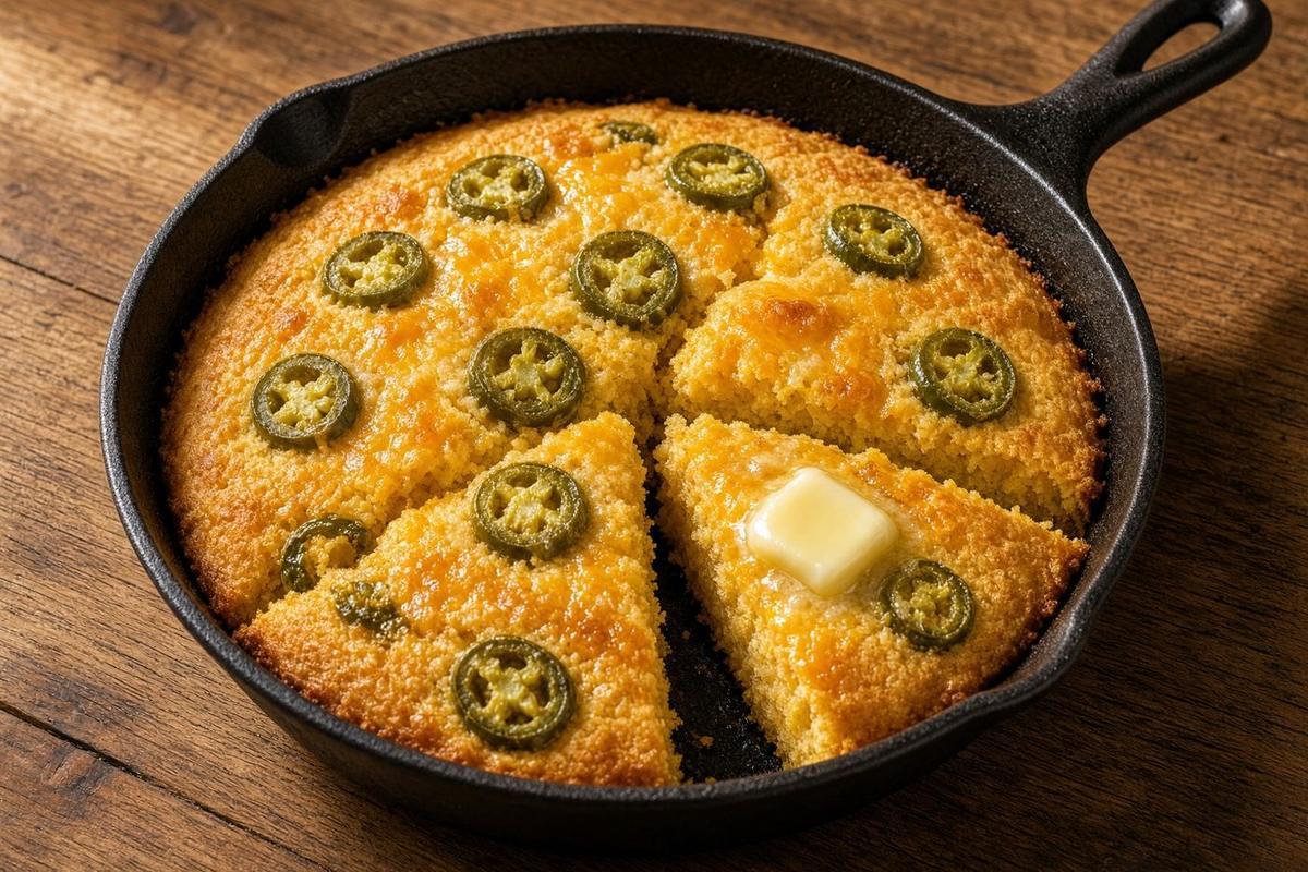 Golden skillet cornbread with melted cheddar and jalapeño slices