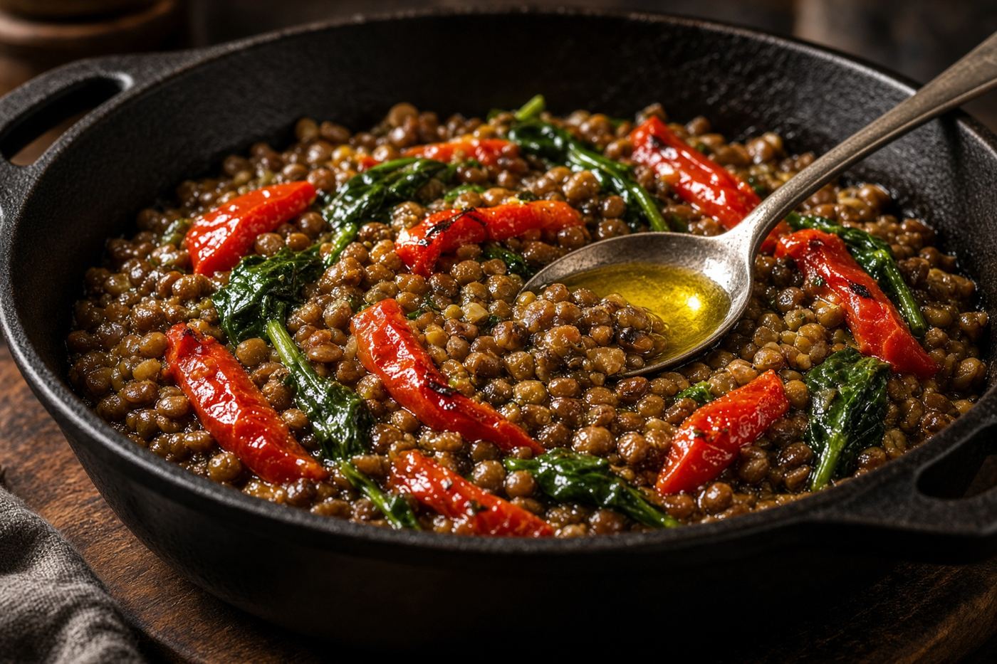 A skillet of brown lentils with roasted red peppers and spinach.