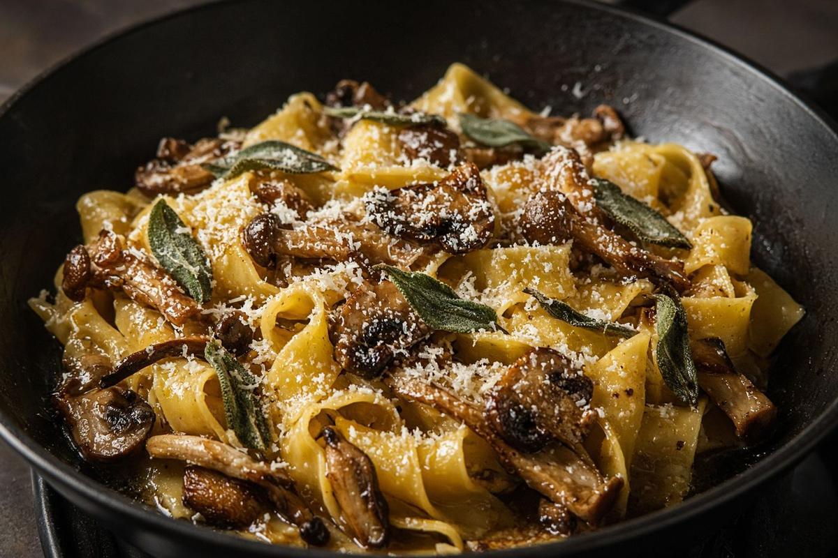 Skillet of pappardelle with brown butter, seared mushrooms, and sage
