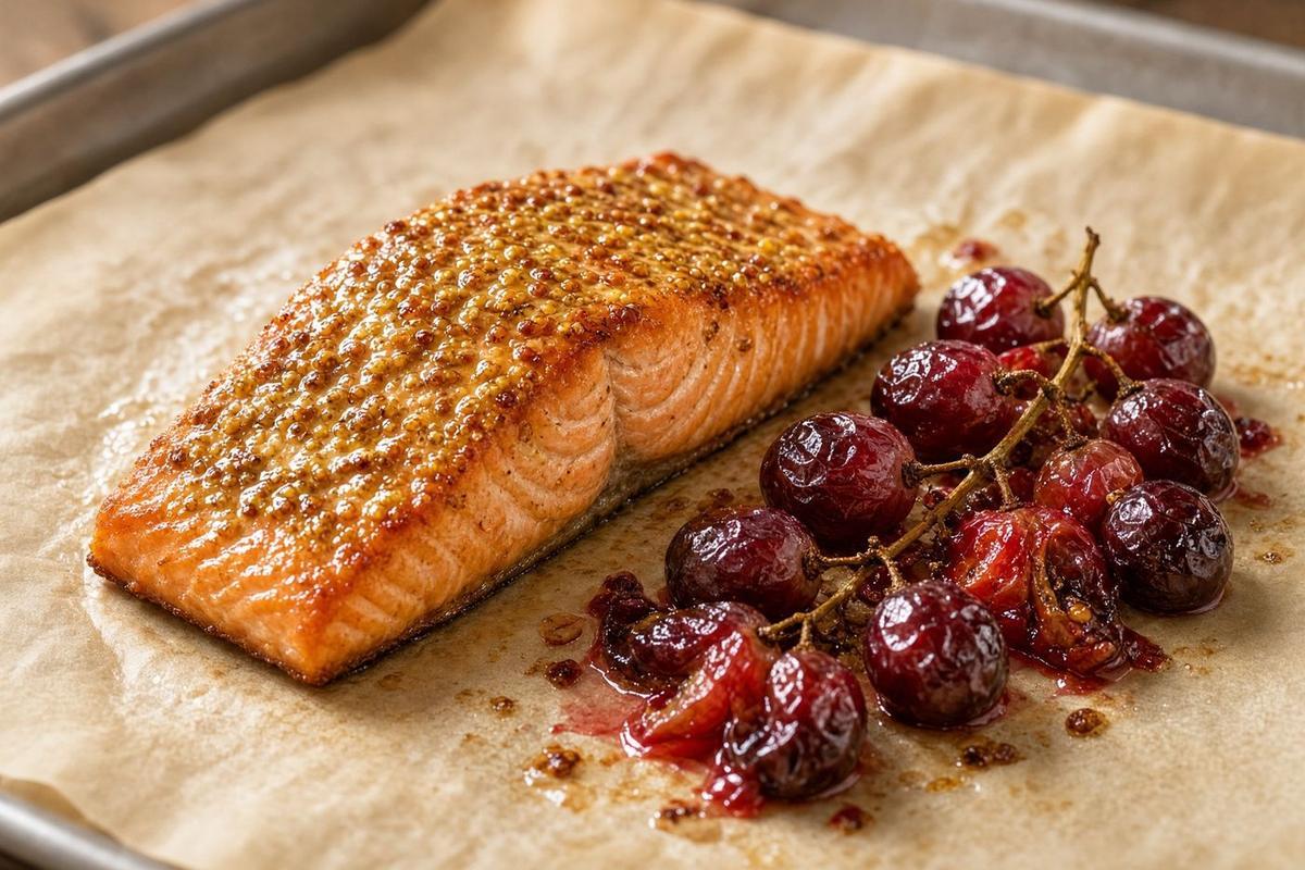 Roasted salmon fillet with mustard glaze beside burst red grapes