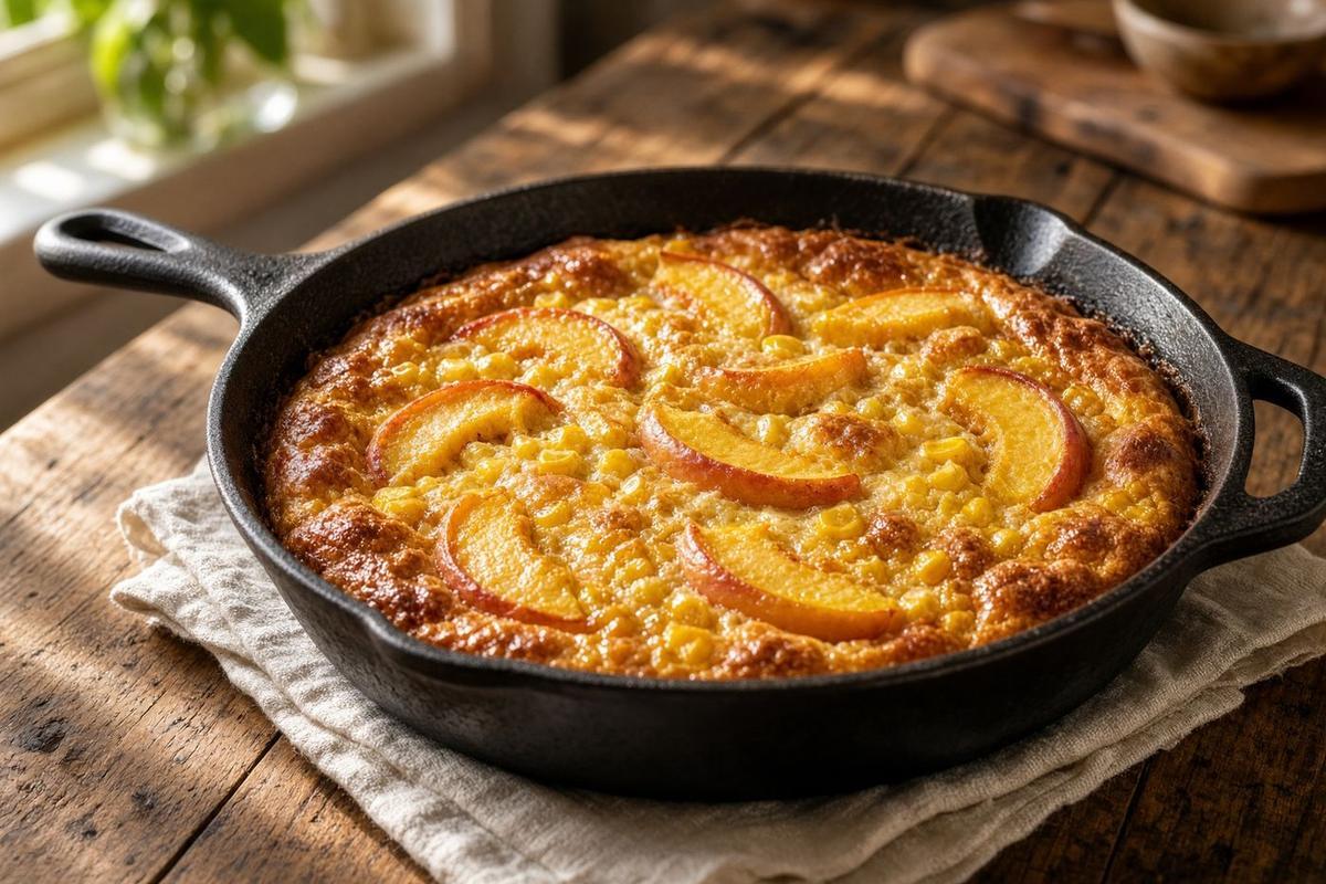 Cast-iron skillet of golden peach and corn spoonbread on an oak table