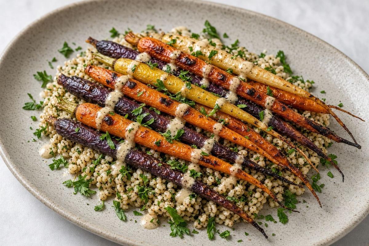 Roasted multicolor carrots over herbed barley with a tahini drizzle
