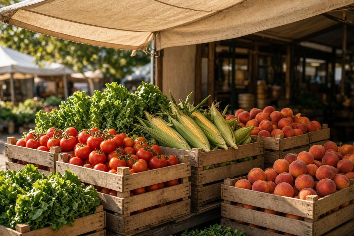 Farmers market crates of tomatoes, corn, greens, and peaches under a canvas awning