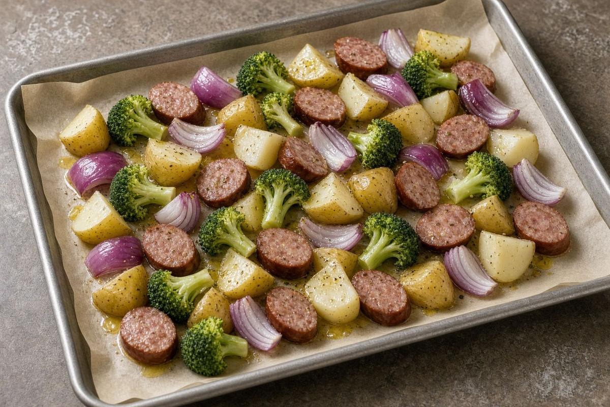 Sheet pan of chopped potatoes, onion wedges, sausage, and broccoli before roasting
