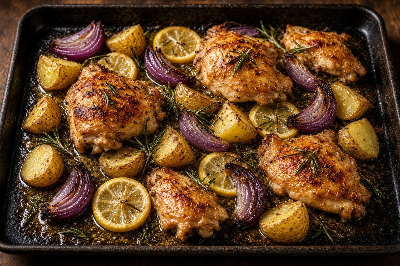 A sheet pan of roasted chicken with rosemary, lemon, potatoes, and red onion.