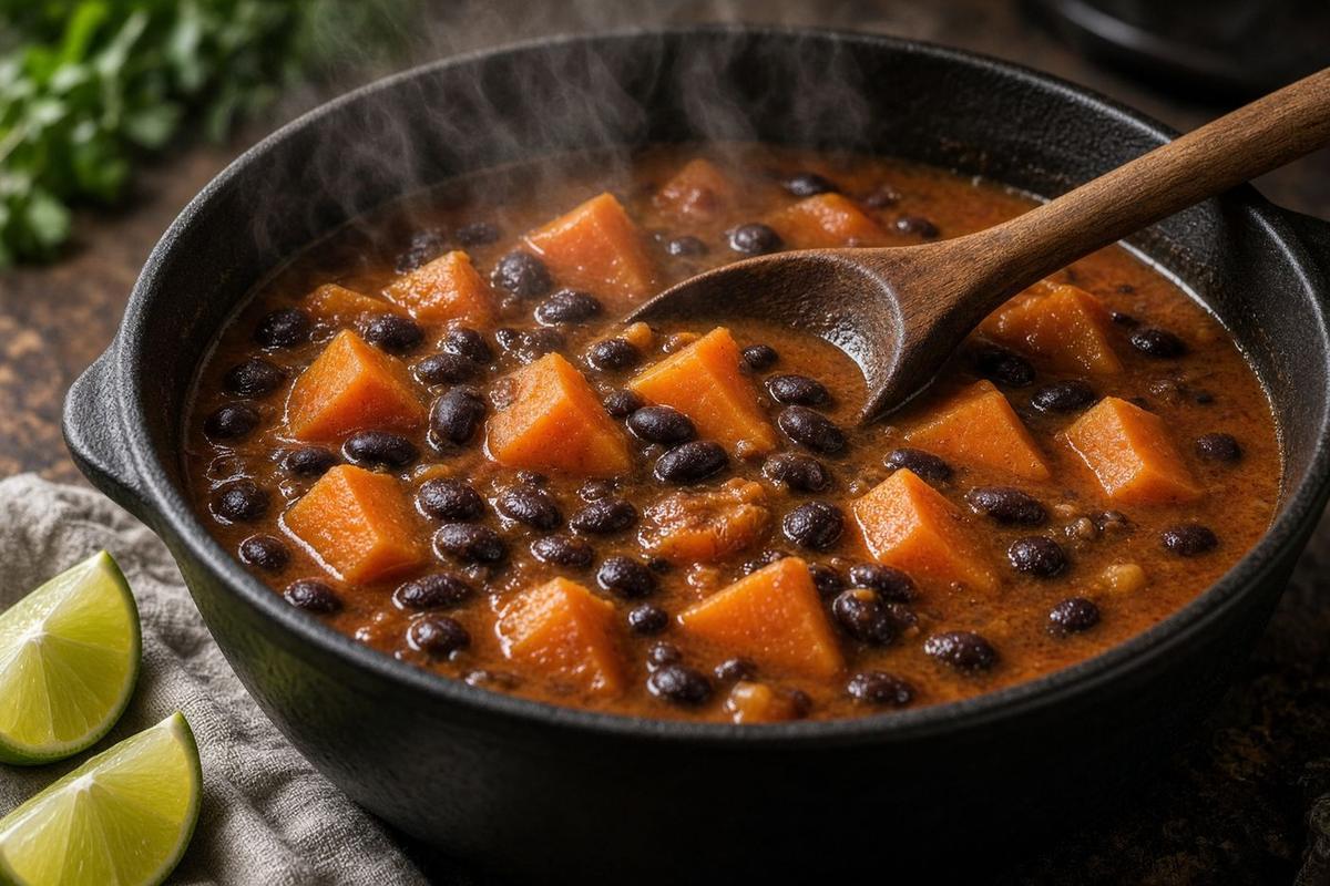 Pot of sweet potato chunks and black beans in a paprika broth with lime wedges
