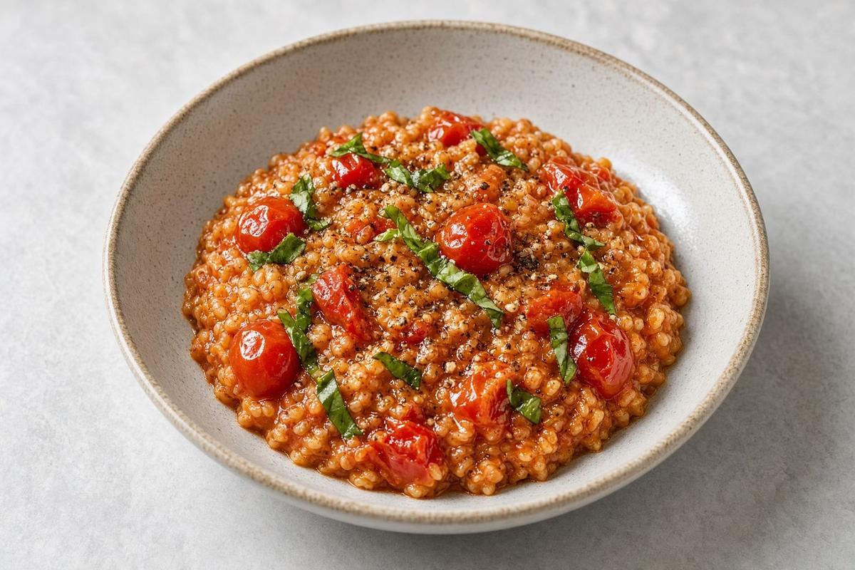 Bowl of farro in a glossy tomato butter sauce with basil leaves
