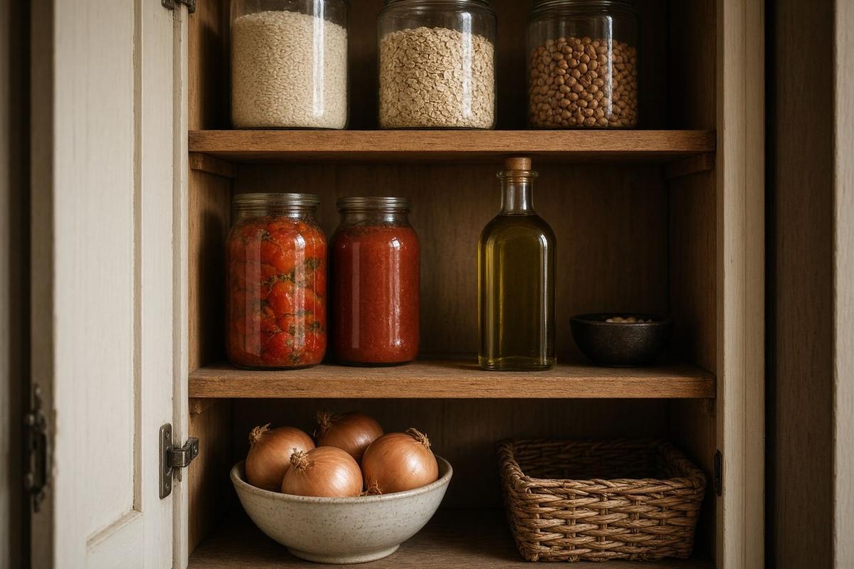 Open wooden pantry with unlabeled jars of grains, beans, onions, and oil